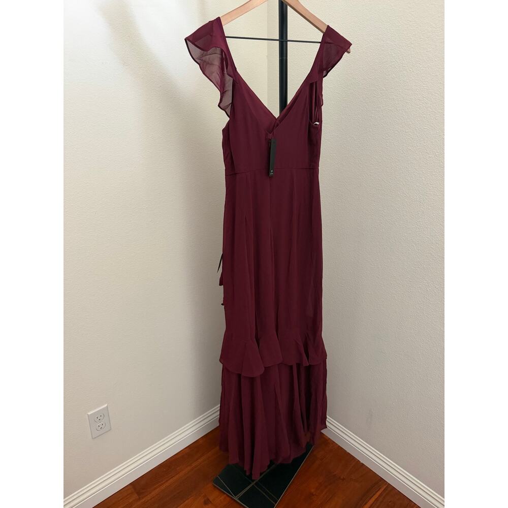 Lulus Charming Event Burgundy Asymmetrical Ruffled Maxi Dress S - Picture 4 of 5